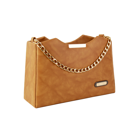 Women's Slingbag with Golden Chain and leather Strap, Tan Brown Faux Leather, Fashion Shoulder Bag
