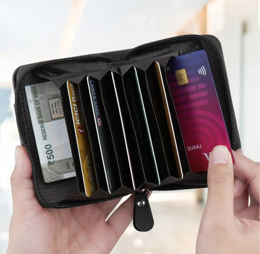 Credit Card Holder Wallet, Zip Around Multi-Slot Design-Black