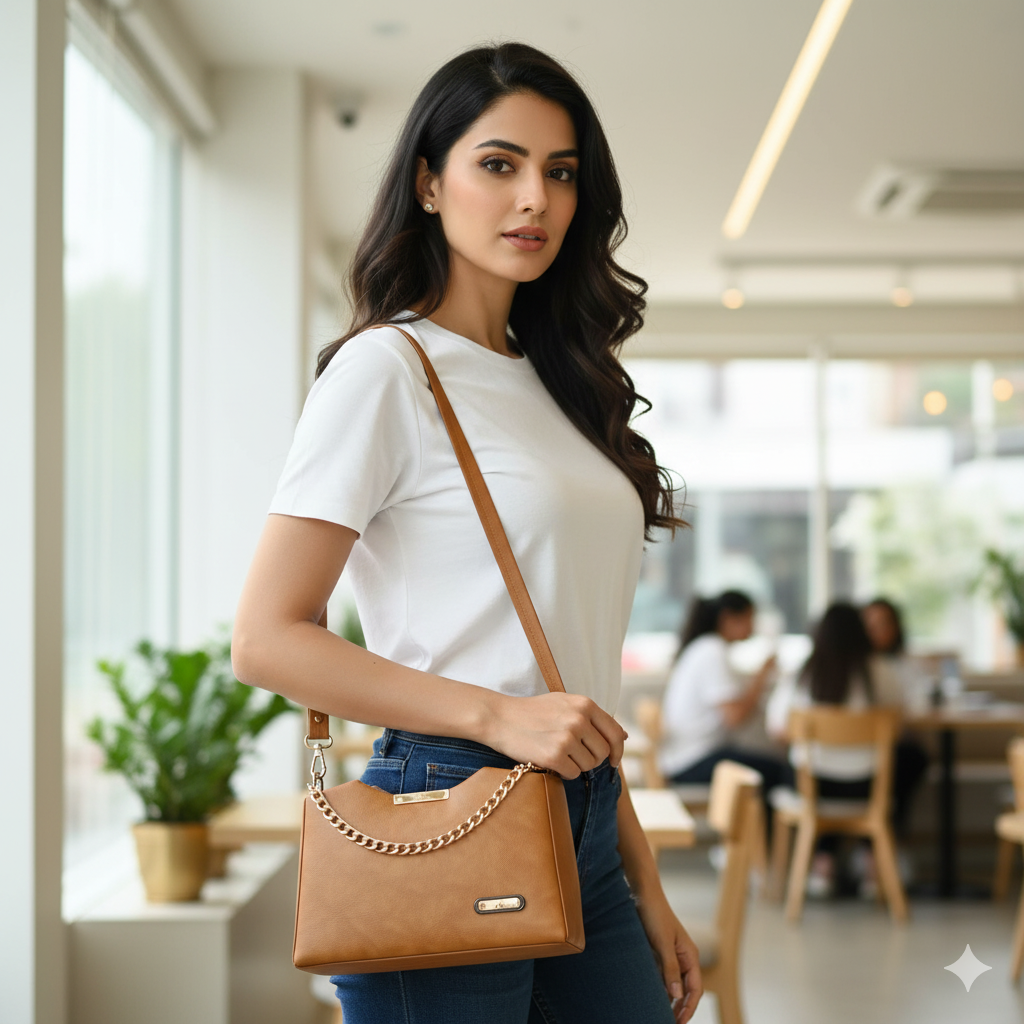 Women's Slingbag with Golden Chain and leather Strap, Tan Brown Faux Leather, Fashion Shoulder Bag