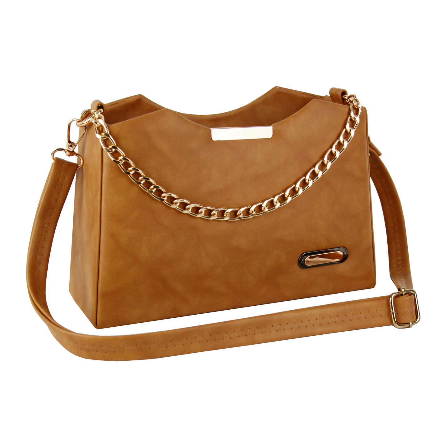 Women's Slingbag with Golden Chain and leather Strap, Tan Brown Faux Leather, Fashion Shoulder Bag