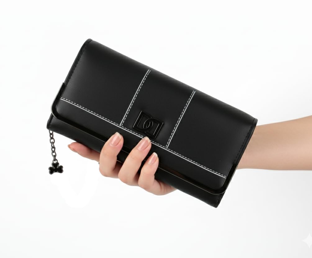 Women;s Premium Leather Wallet with Metal Clasp, Bifold, Classic Design-BLACK