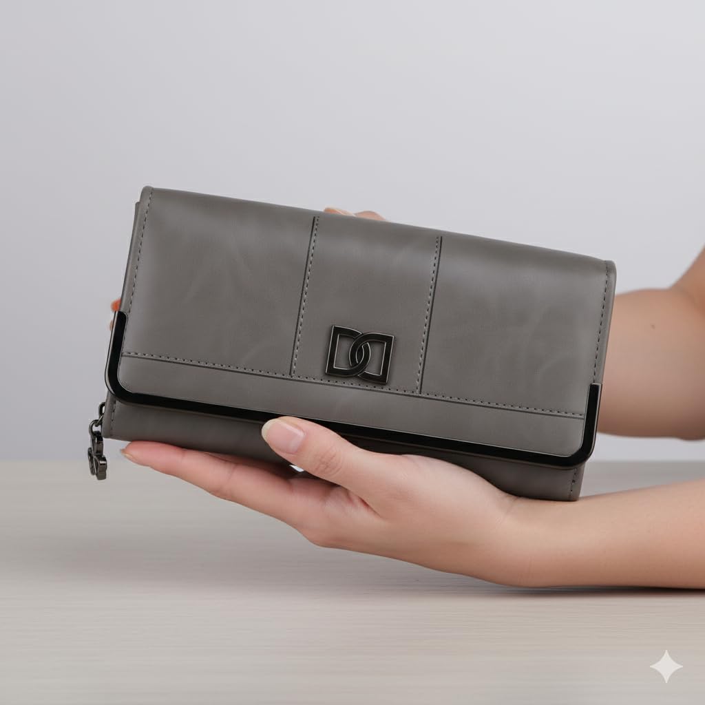 Women;s Premium Leather Wallet with Metal Clasp, Bifold, Classic Design-GREY