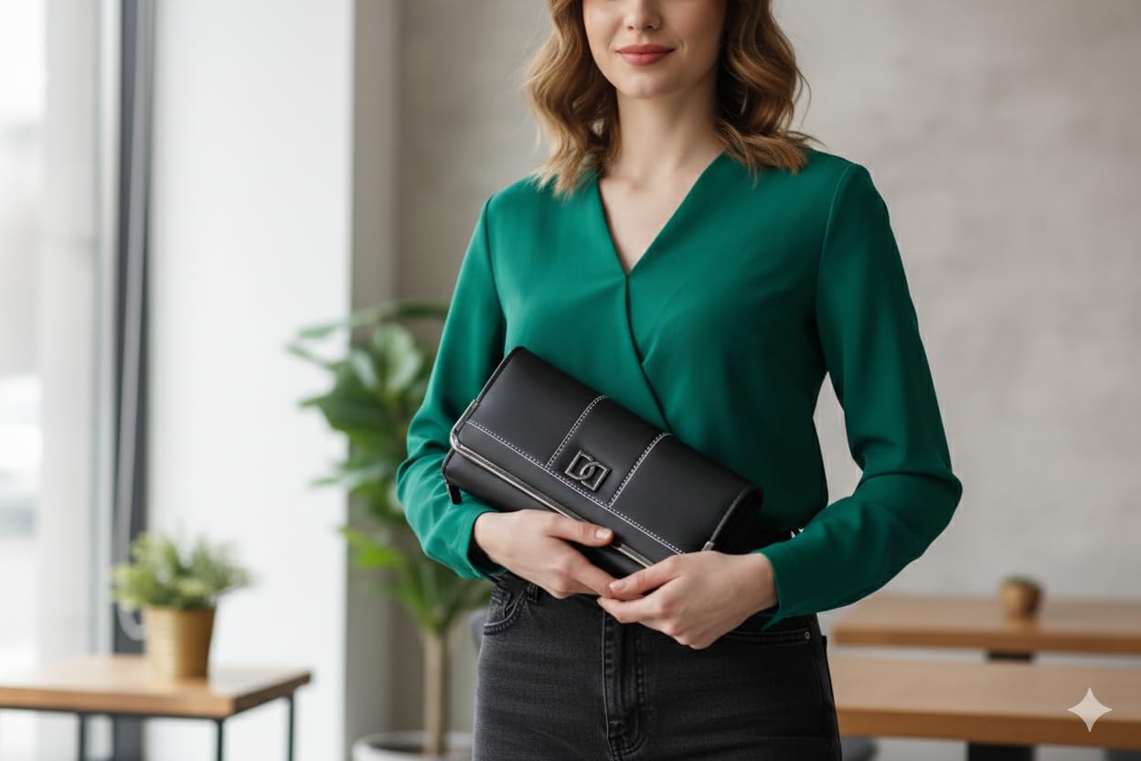 Women;s Premium Leather Wallet with Metal Clasp, Bifold, Classic Design-BLACK