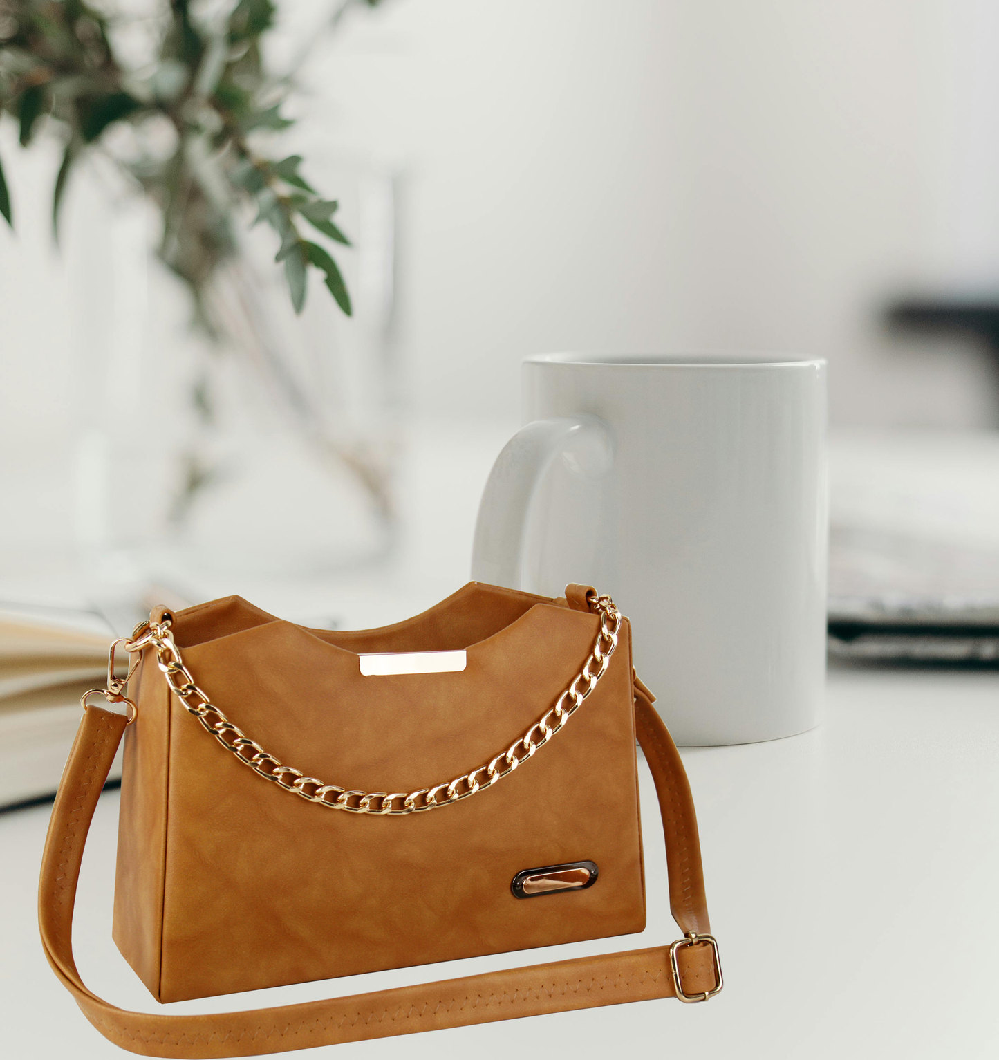 Women's Slingbag with Golden Chain and leather Strap, Tan Brown Faux Leather, Fashion Shoulder Bag