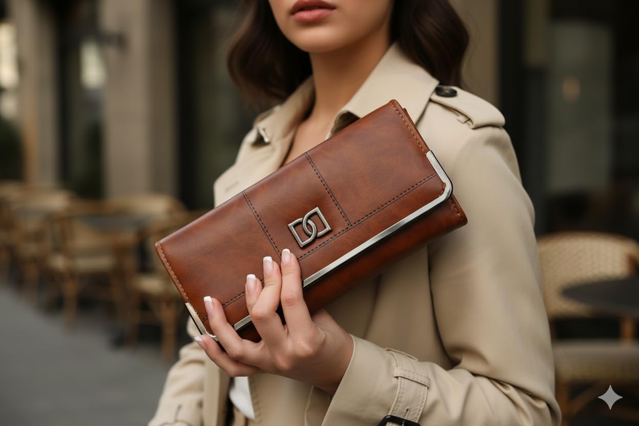 Premium Leather Wallet with Metal Clasp, Bifold, Classic Design (TAN)