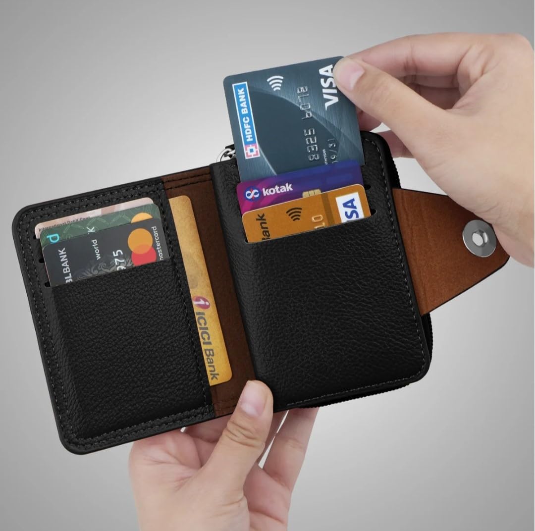 Credit Card Holder Wallet, Zip Around Multi-Slot Design-Black