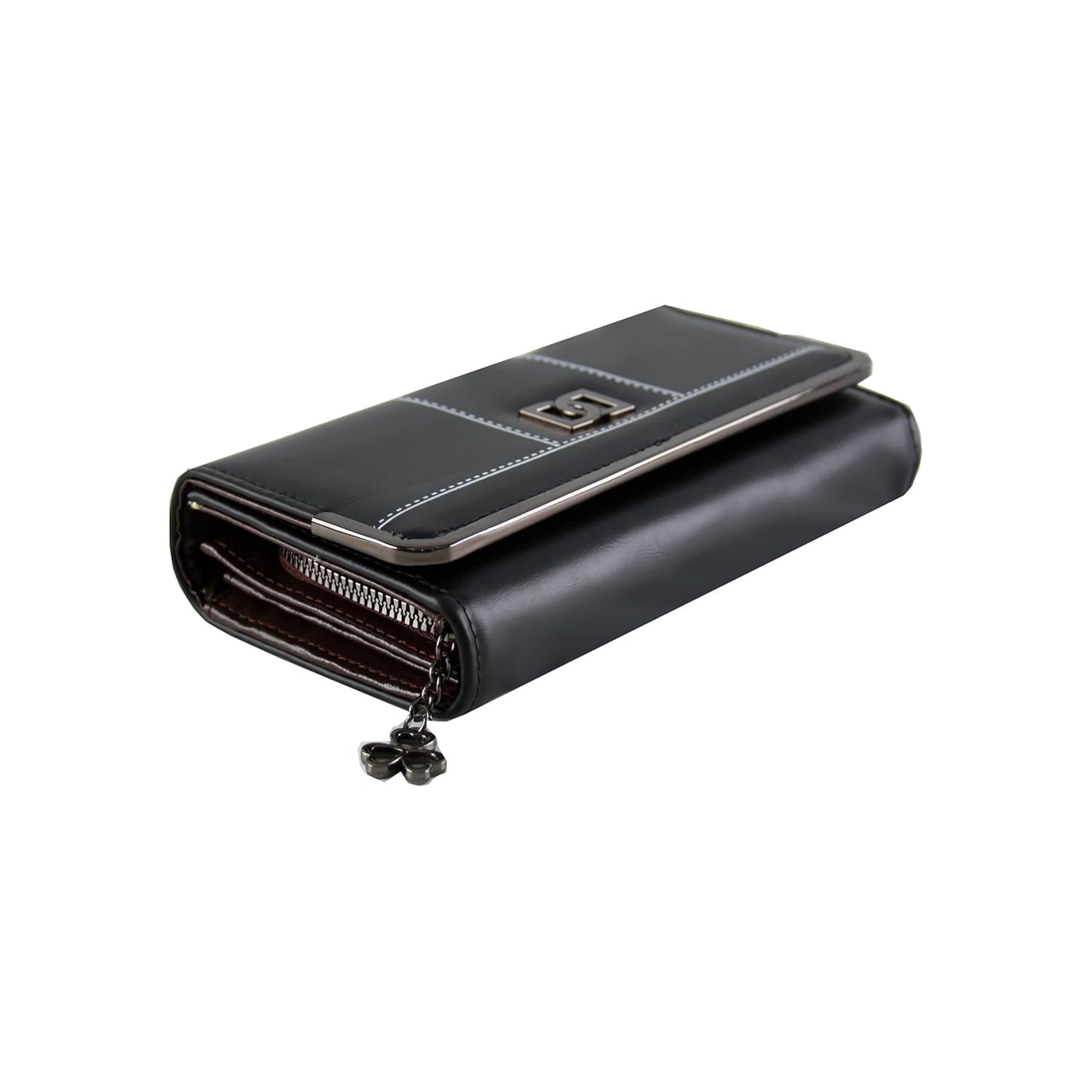 Women;s Premium Leather Wallet with Metal Clasp, Bifold, Classic Design-BLACK