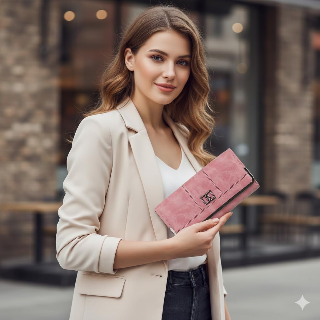 Women;s Premium Leather Wallet with Metal Clasp, Bifold, Classic Design-PINK