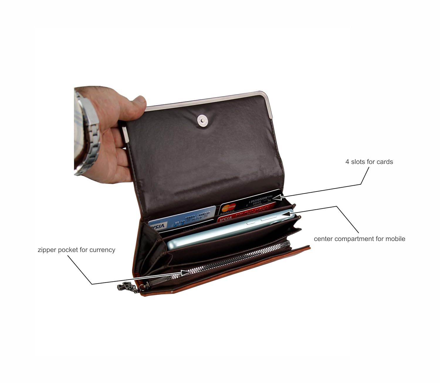 Premium Leather Wallet with Metal Clasp, Bifold, Classic Design (TAN)