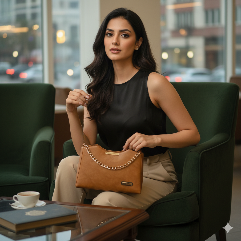 Women's Slingbag with Golden Chain and leather Strap, Tan Brown Faux Leather, Fashion Shoulder Bag
